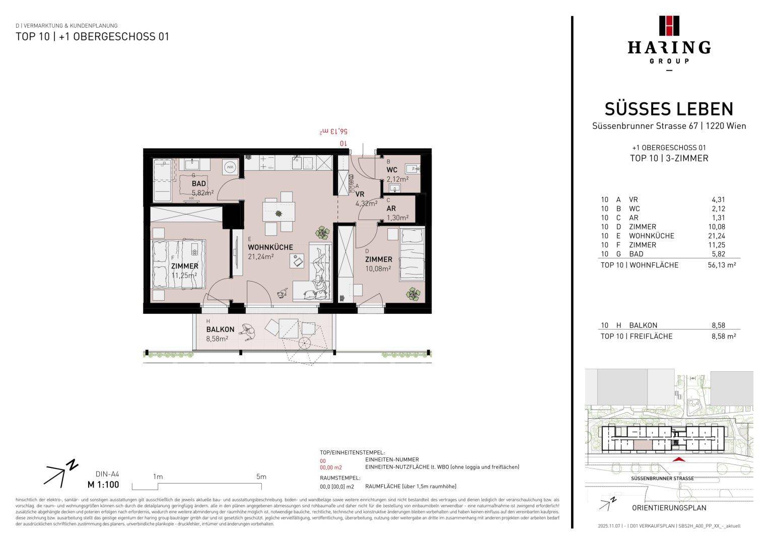 Grundriss einer Wohnung mit offenem Wohnbereich, zwei Zimmern, Bad, separatem WC und Balkon.