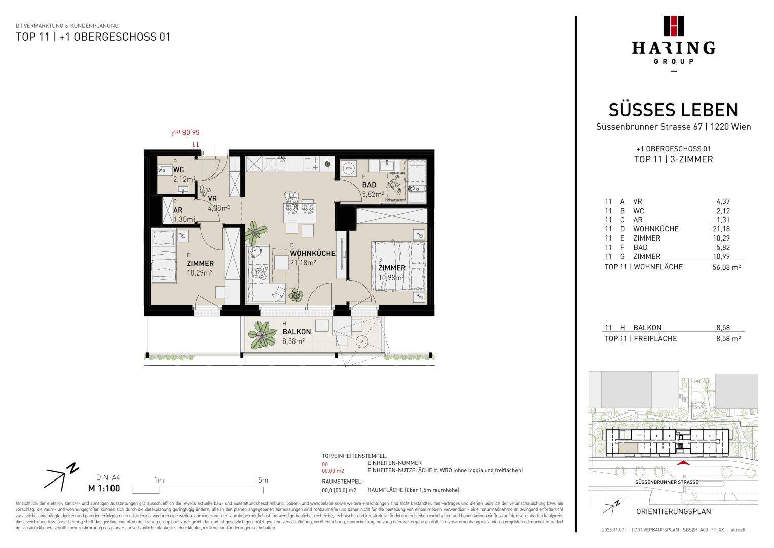 Detaillierter Grundriss einer Wohnung mit zwei Zimmern, Wohnküche, Bad, WC und Balkon.