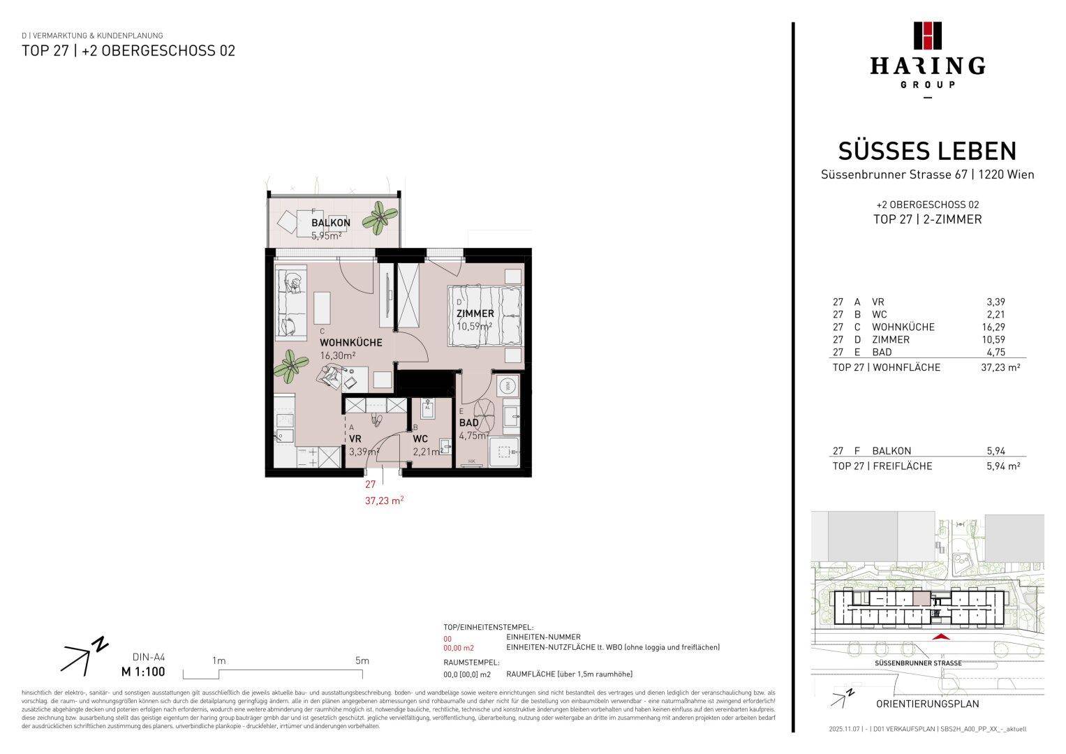 Grundriss einer 2-Zimmer-Wohnung mit Balkon, offener Wohnküche und separatem WC.
