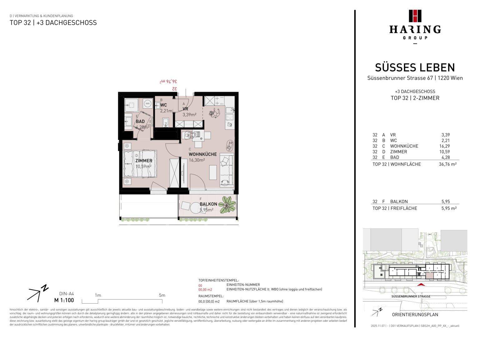 Grundriss einer 2-Zimmer-Wohnung mit Balkon und offener Wohnküche im Dachgeschoss.