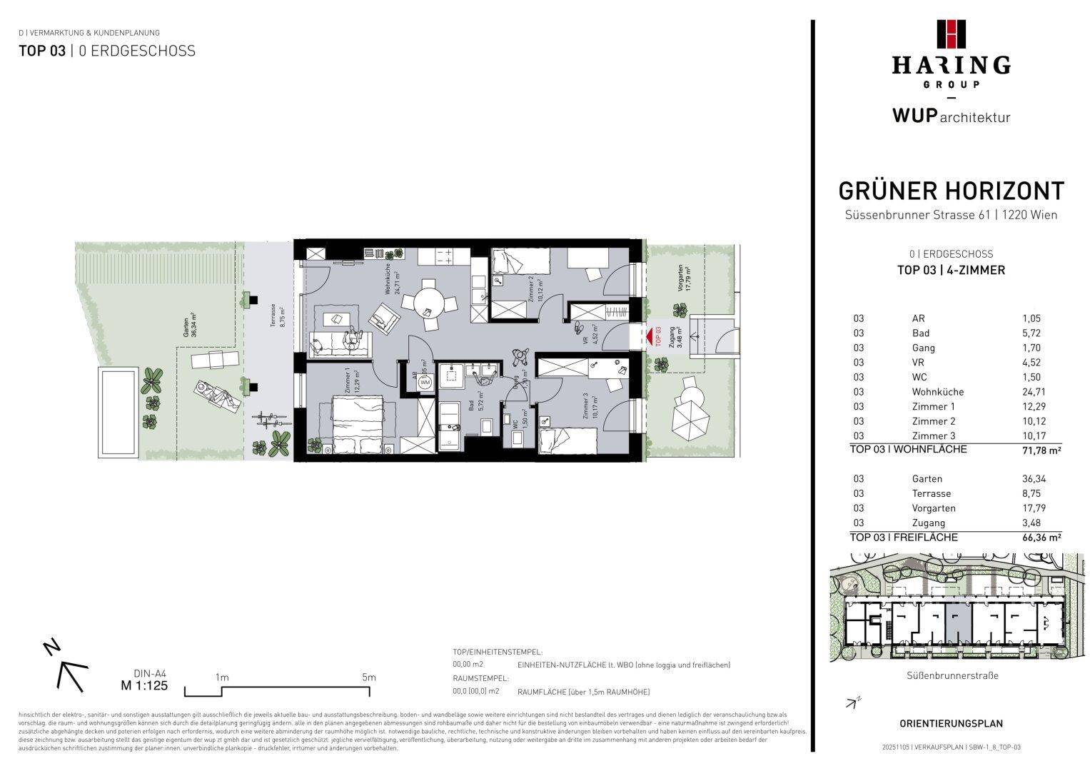 Grundriss einer Erdgeschosswohnung mit offenem Wohnbereich, drei Zimmern, Bad, WC, Terrasse und Garten.