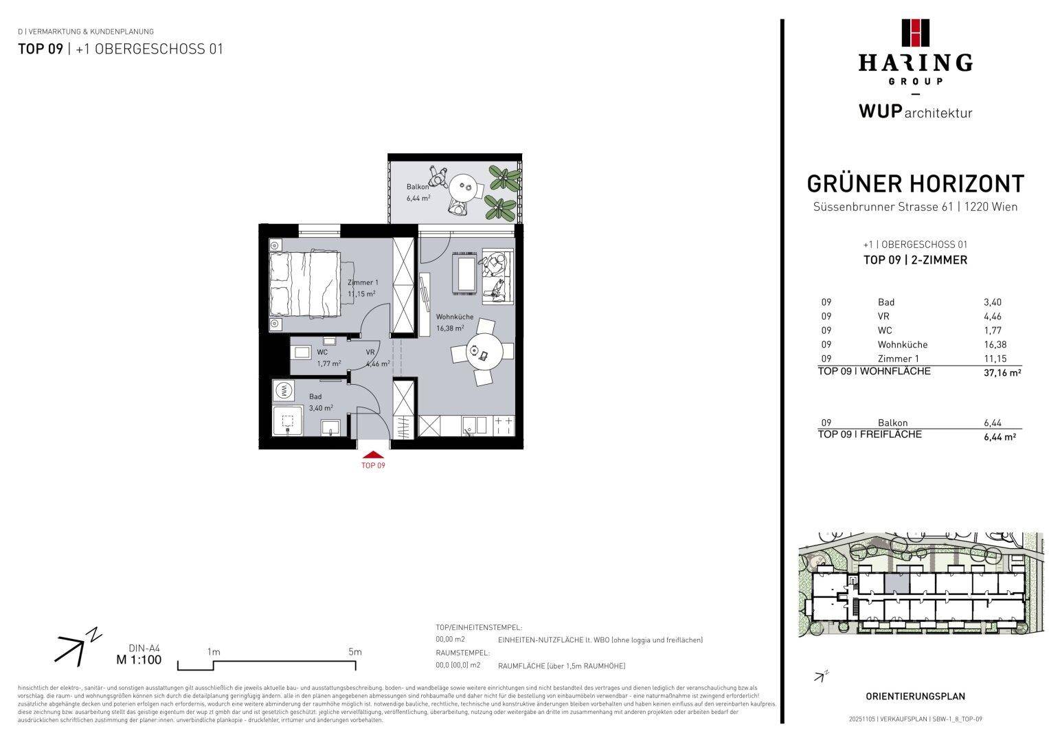 Grundriss einer 2-Zimmer-Wohnung mit Balkon und offener Wohnküche.