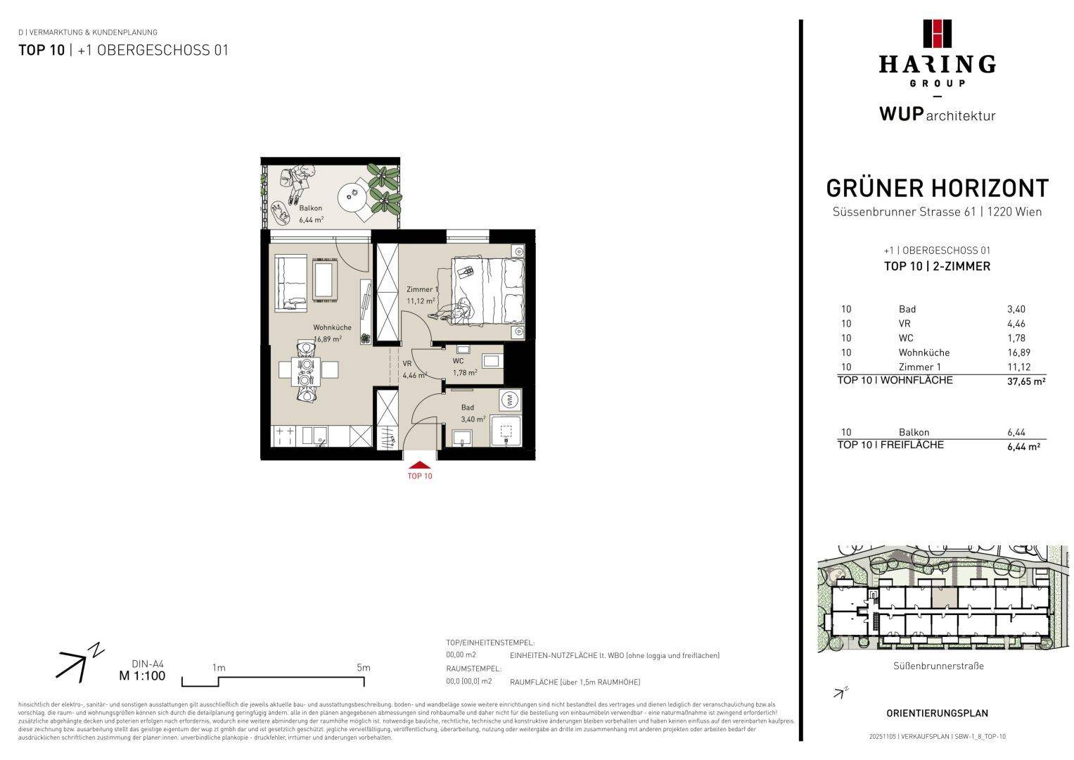 Detaillierter Grundriss einer 2-Zimmer-Wohnung mit Balkon, Wohnküche und separatem Schlafzimmer.