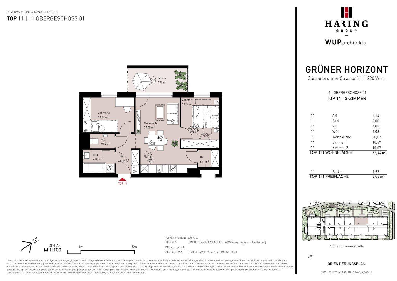 Grundriss einer Wohnung mit offenem Wohnbereich, zwei Schlafzimmern, Bad, separatem WC und Balkon.