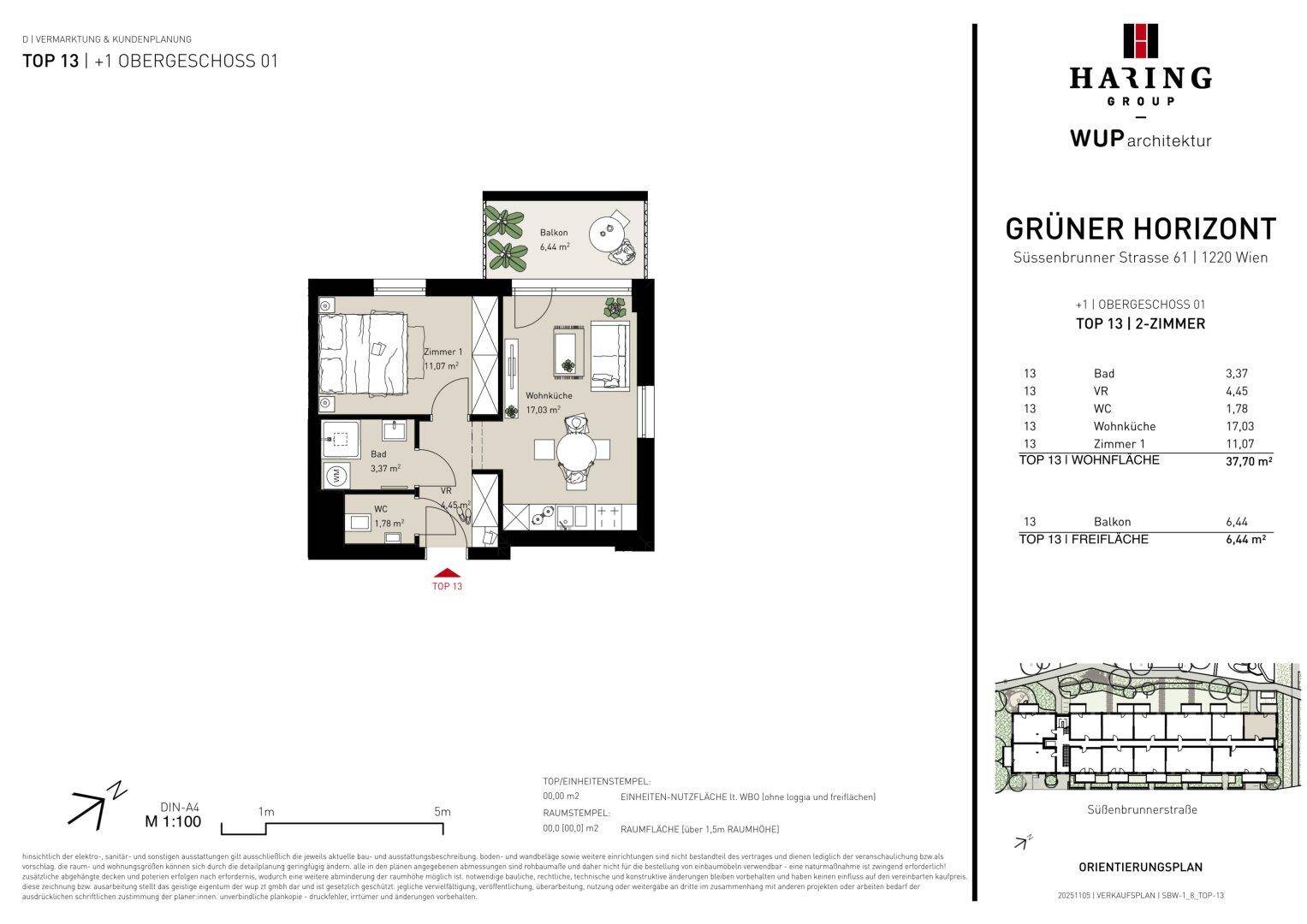 Grundriss einer 2-Zimmer-Wohnung mit offenem Wohnbereich, Bad und Balkon.