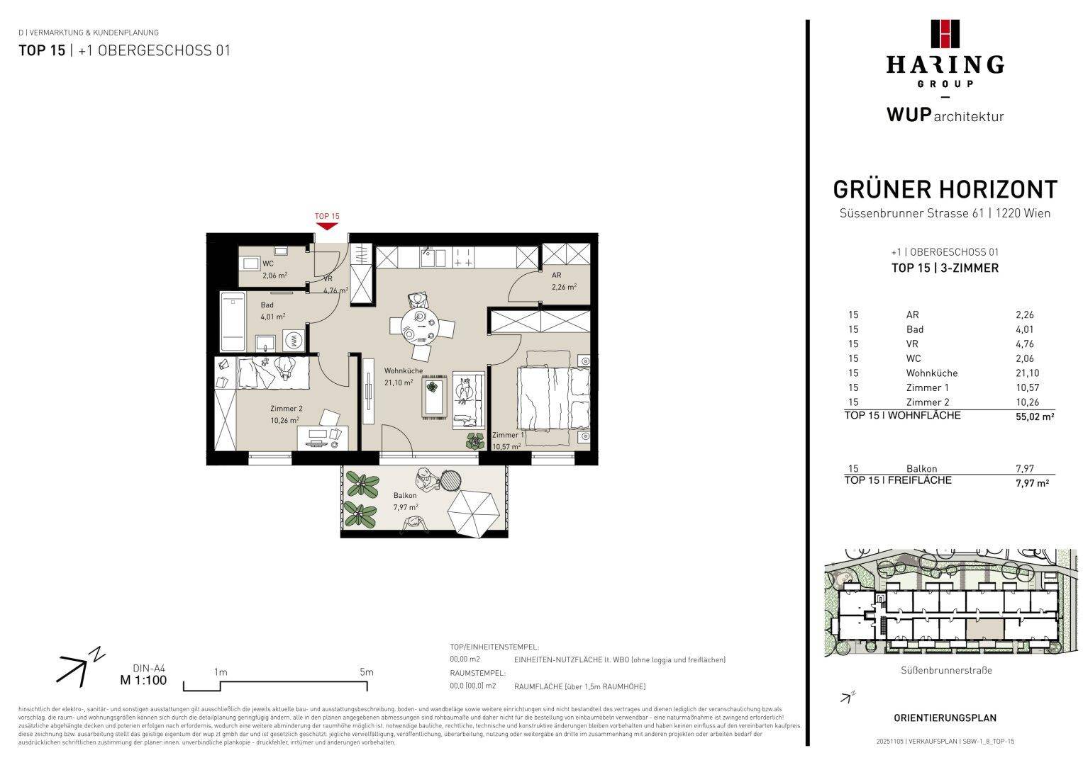 Grundriss der Wohnung TOP 15 im Obergeschoss mit drei Zimmern, Balkon und offener Wohnküche.