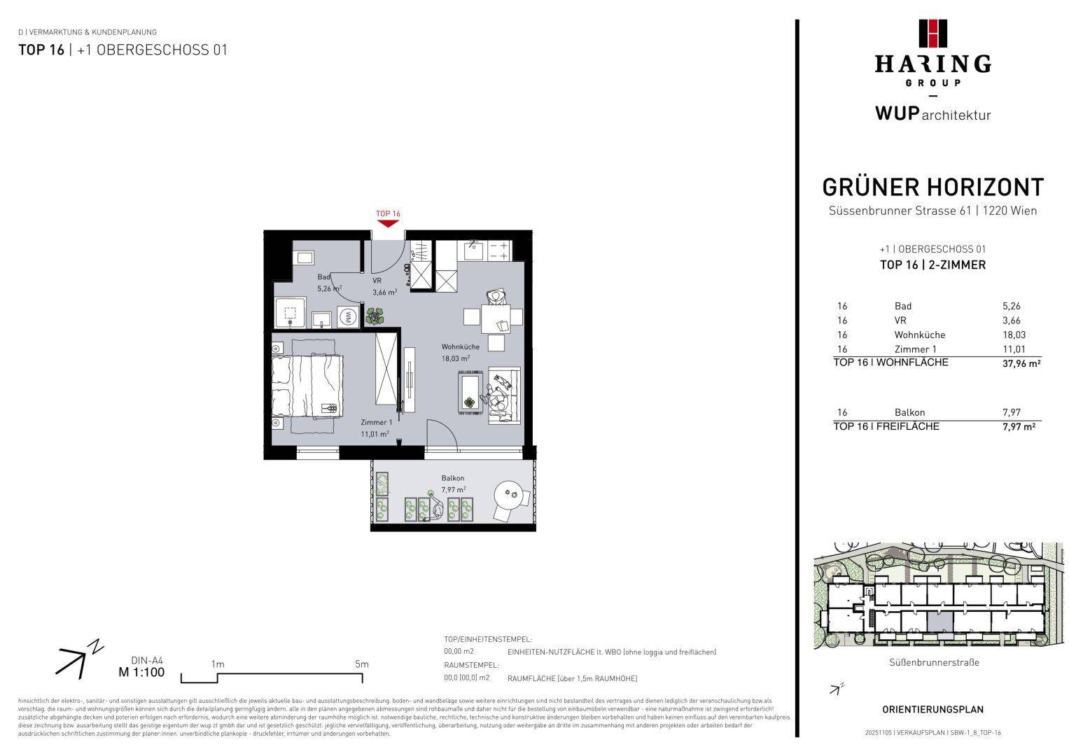 Grundriss einer Wohnung mit einem Schlafzimmer, offenem Wohnbereich und einem Balkon.