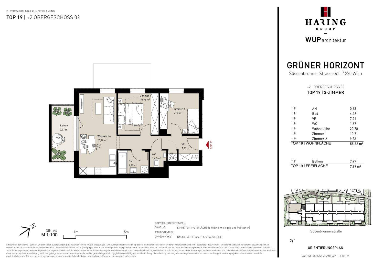 Grundriss einer 3-Zimmer-Wohnung mit Balkon, offenem Wohnbereich und zwei Bädern.