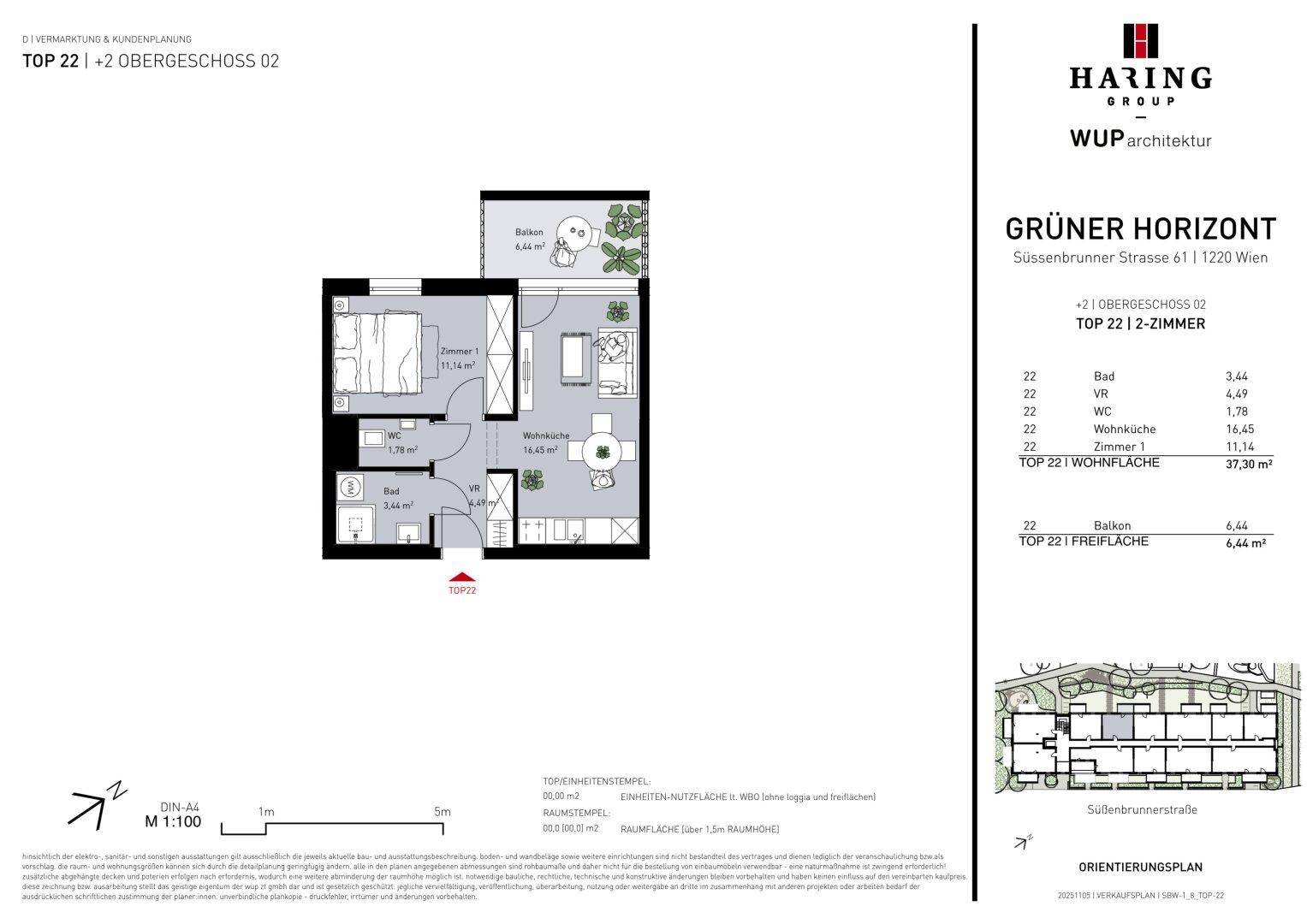 Grundriss einer 2-Zimmer-Wohnung mit offenem Wohnbereich, Schlafzimmer und Balkon.