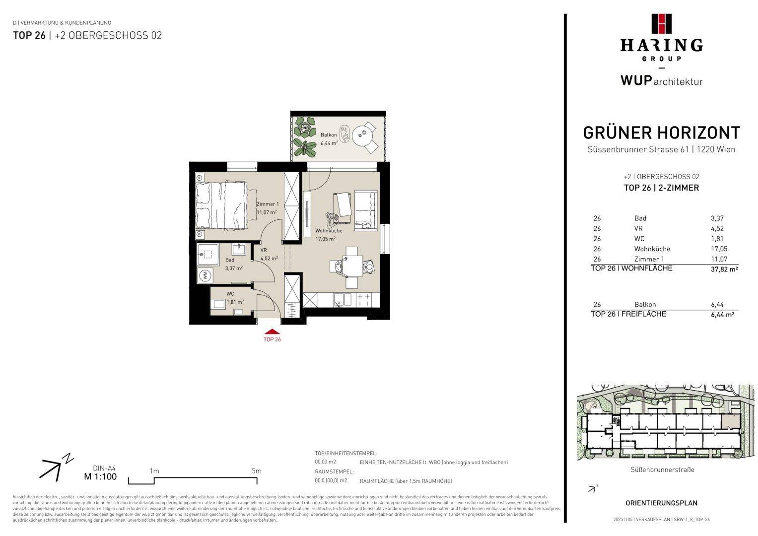 Grundriss der Wohnung TOP 26 mit einem Schlafzimmer, offenem Wohnbereich und Balkon.