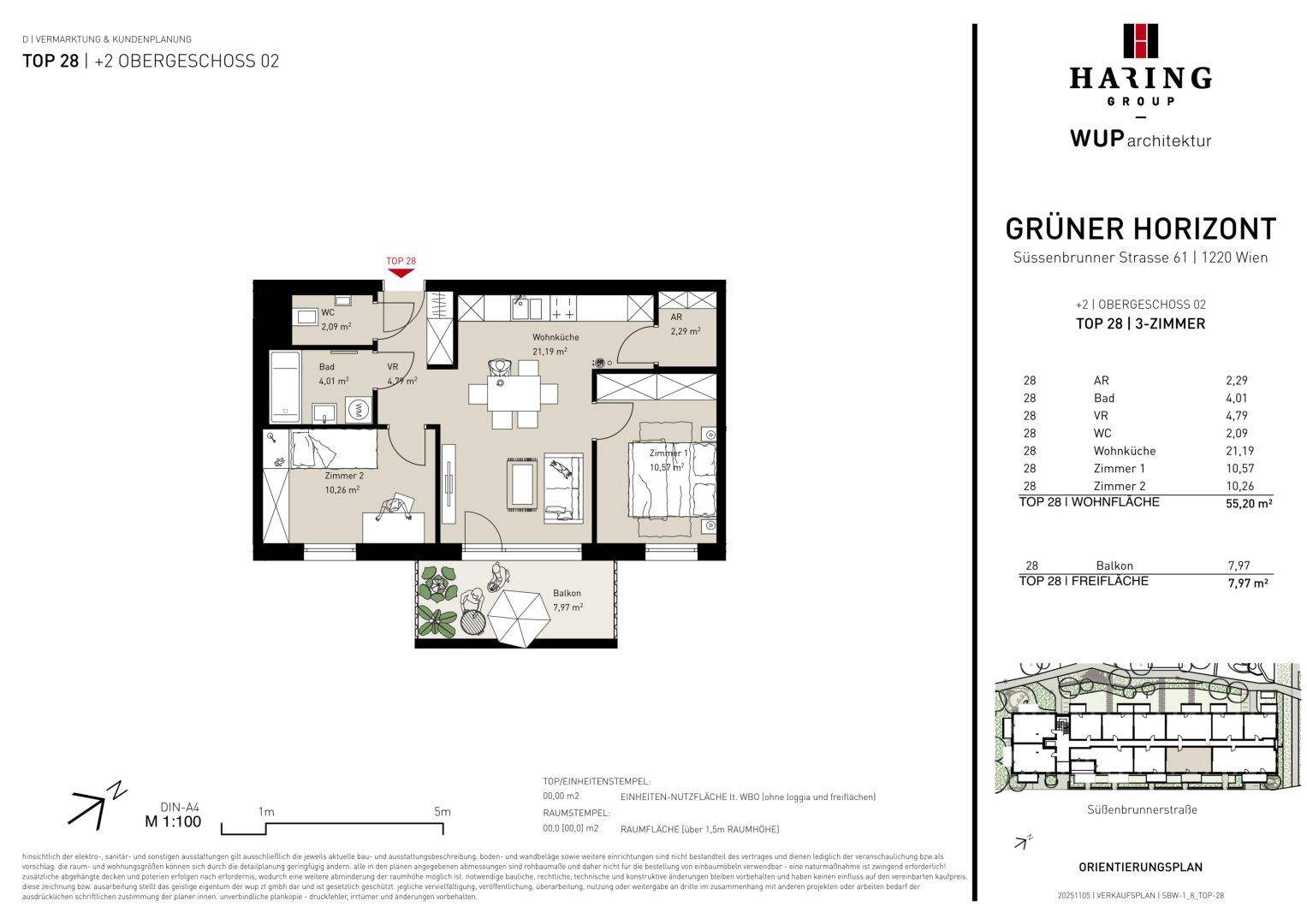 Detaillierter Grundriss der Wohnung TOP 28 mit 55,20 m² Wohnfläche, drei Zimmern und Balkon.
