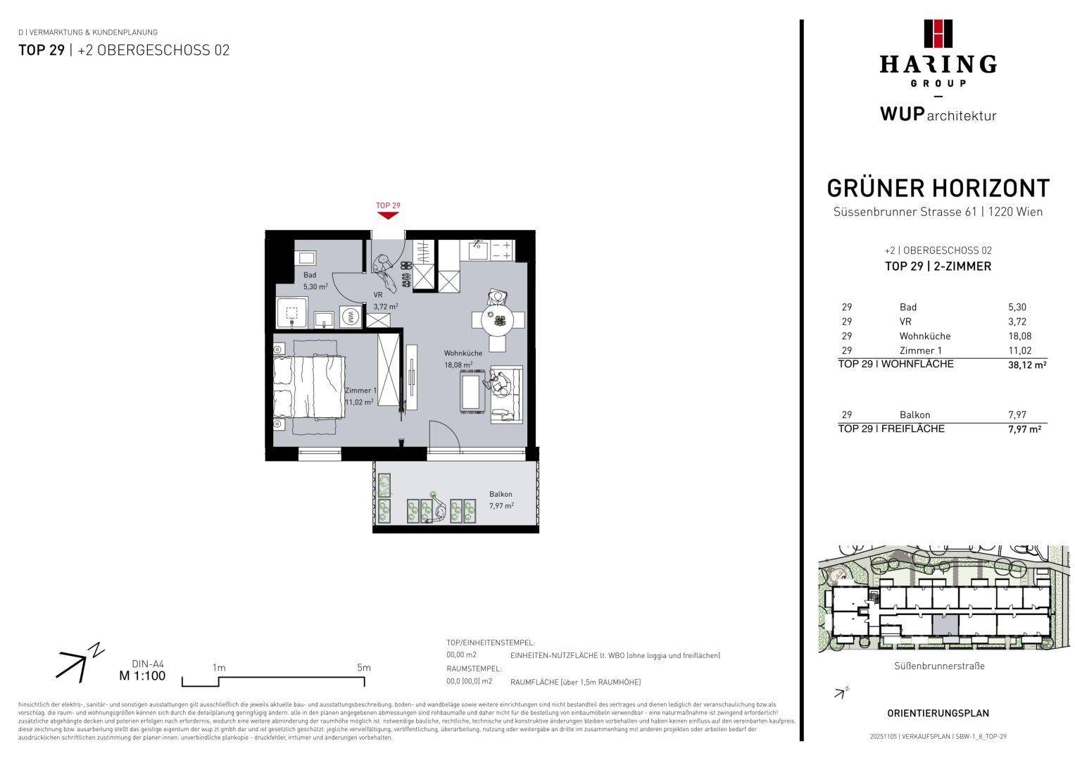 Grundriss der Wohnung TOP 29 im 2. Obergeschoss mit Wohnküche, Schlafzimmer, Bad und Balkon.
