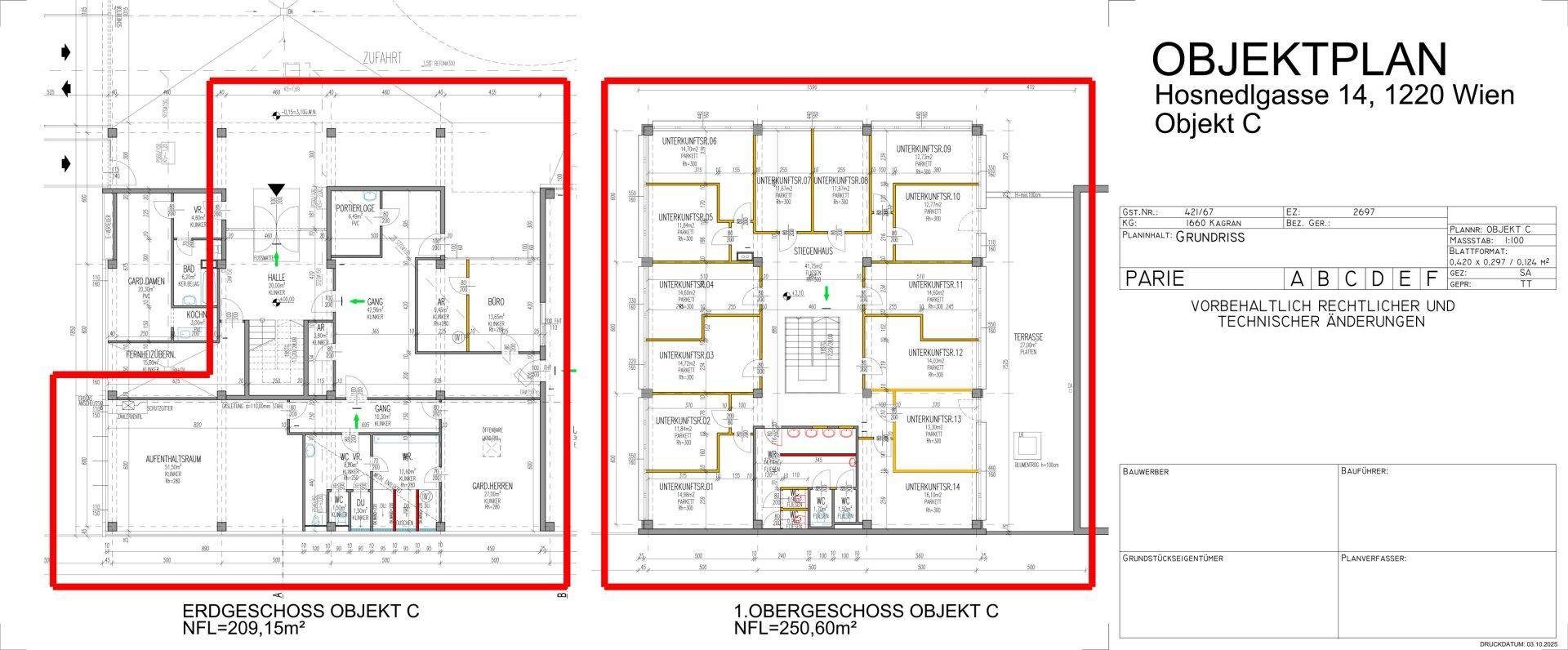 Objektplan mit Grundrissen für Erdgeschoss und 1. Obergeschoss, Objekt C.