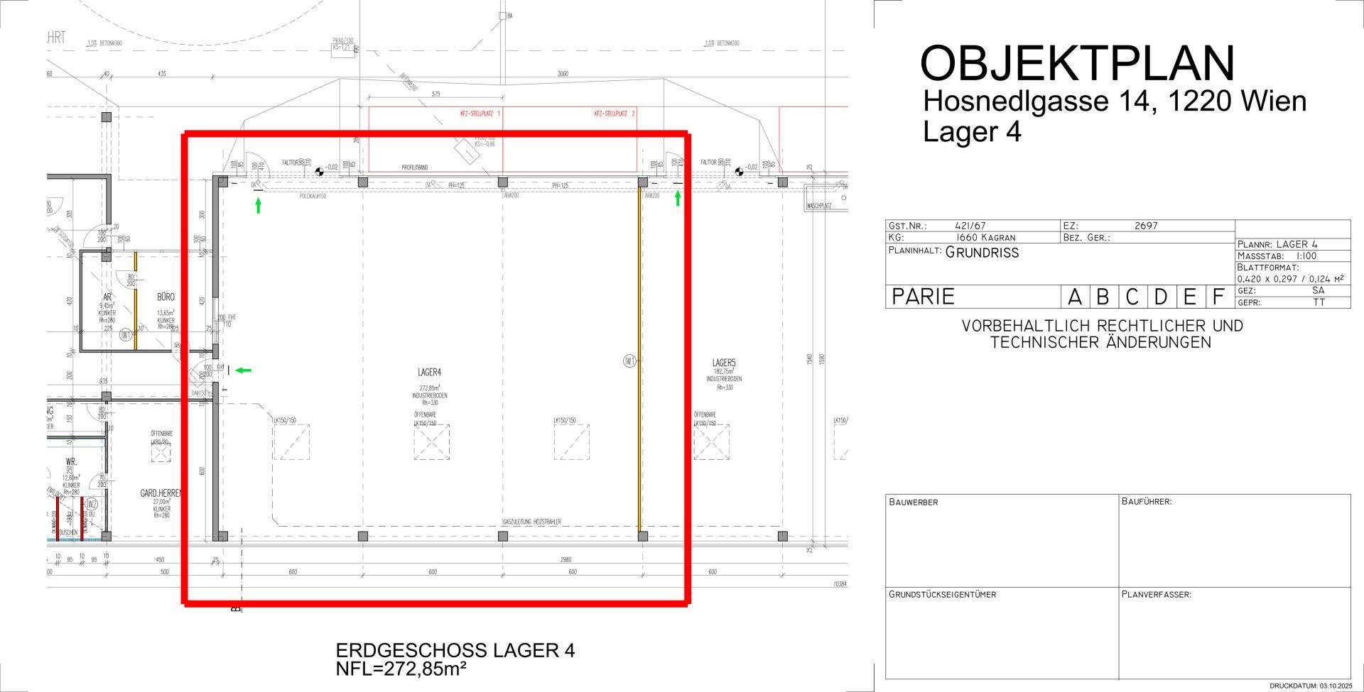 Grundrissplan des Erdgeschosses Lager 4 mit einer Fläche von 272,85m².