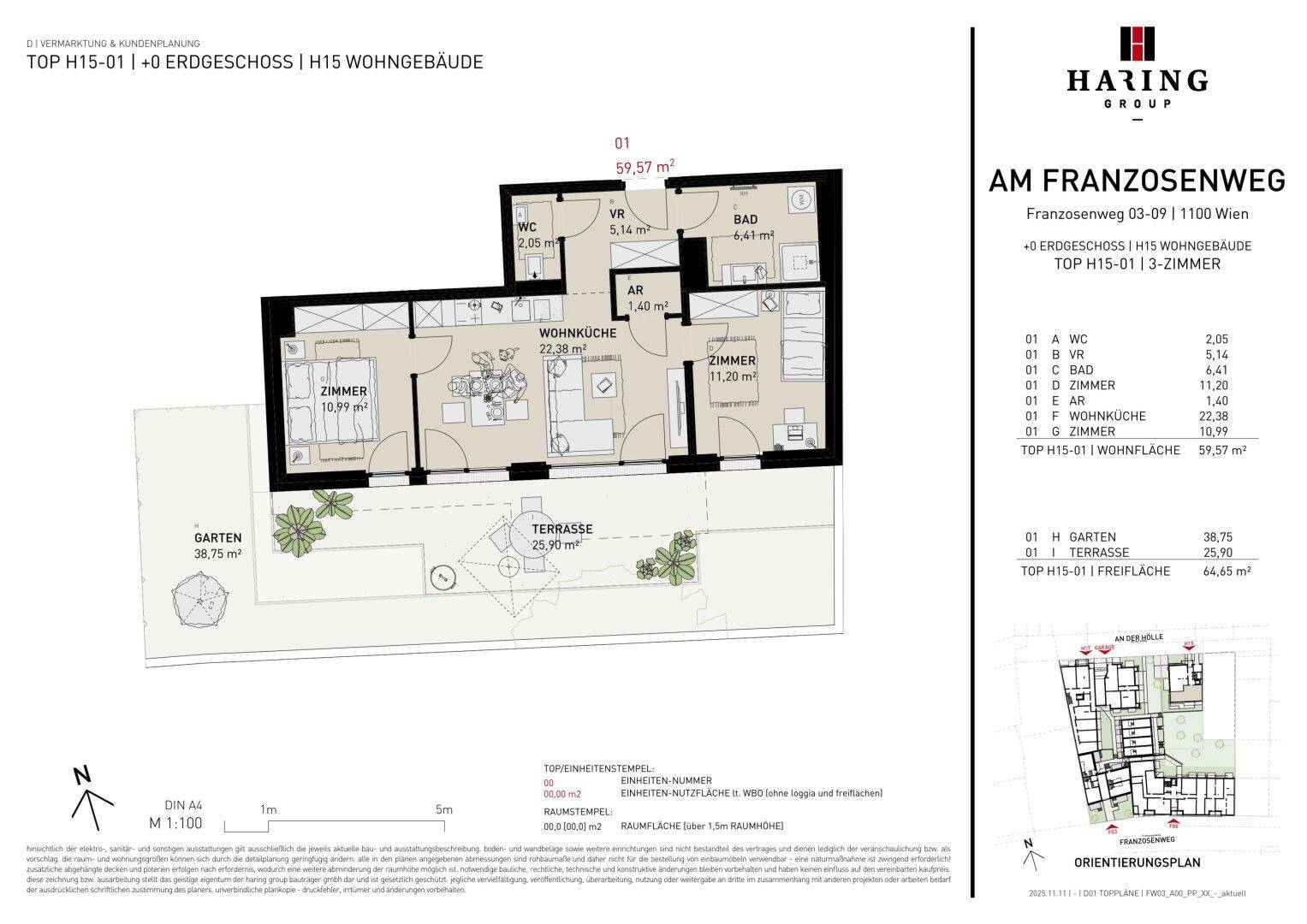 Detaillierter Grundriss einer 3-Zimmer-Wohnung mit Terrasse und privatem Gartenbereich.