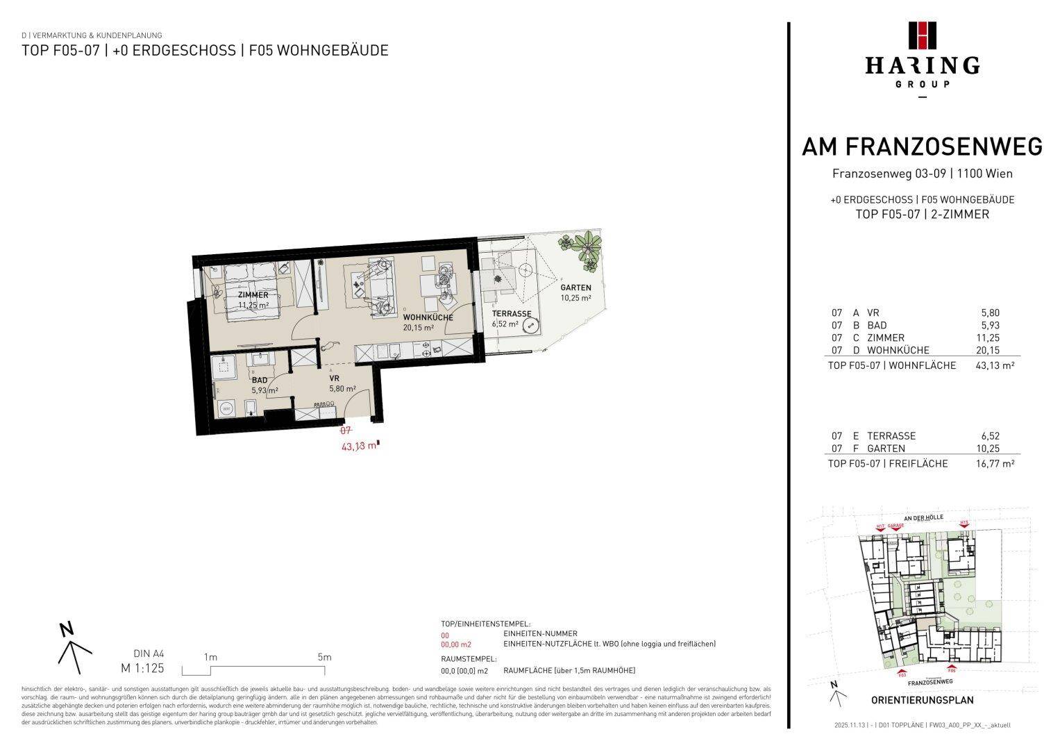 Detaillierter Grundriss einer Wohnung mit Wohnküche, Terrasse und Gartenanteil.