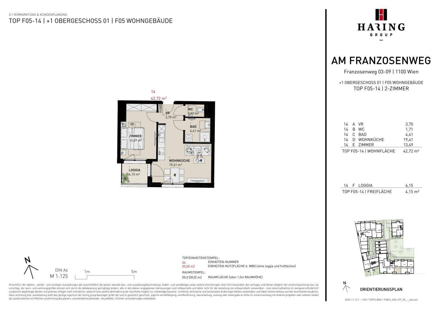 Detaillierter Grundriss einer 2-Zimmer-Wohnung mit Loggia und separatem WC.
