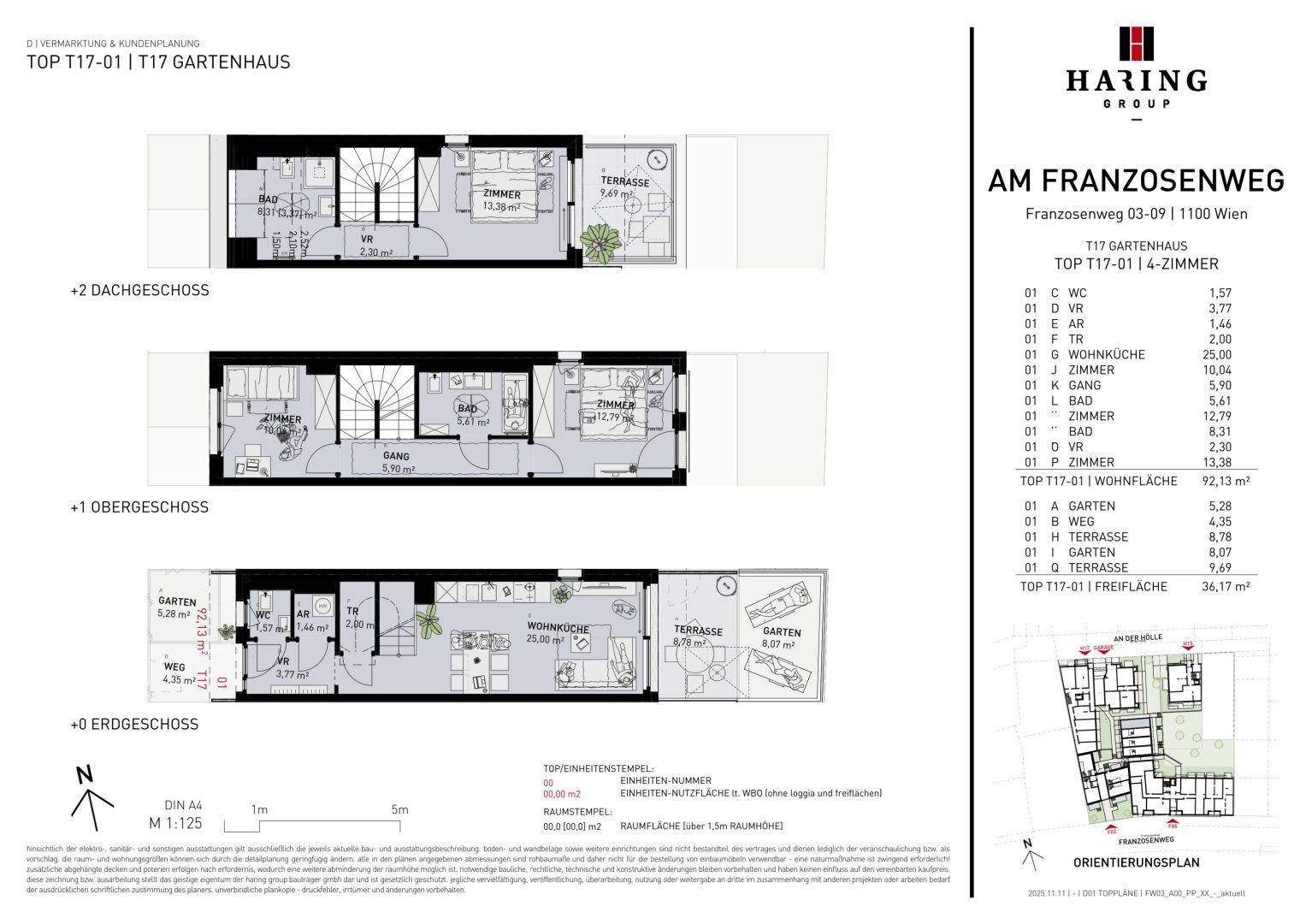 Detaillierter Grundriss des Gartenhauses T17-01 über drei Etagen mit Garten und Terrassen.