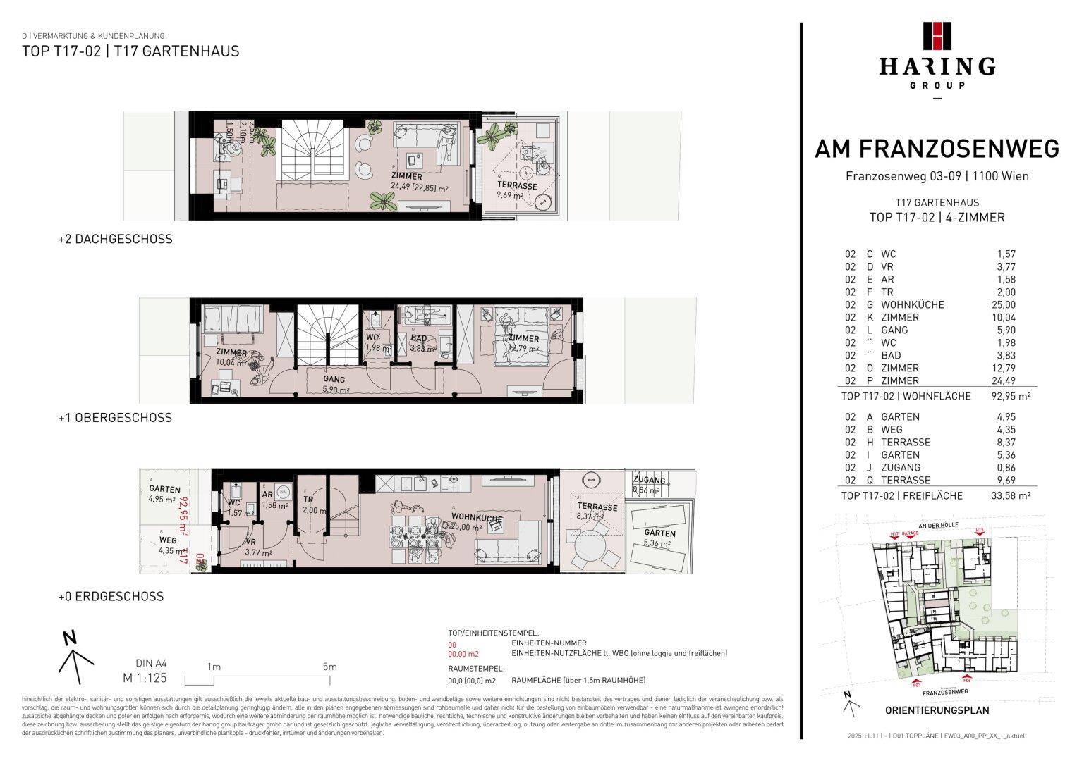 Detaillierter Grundriss eines Gartenhauses mit drei Ebenen, Terrasse und Gartenbereichen.