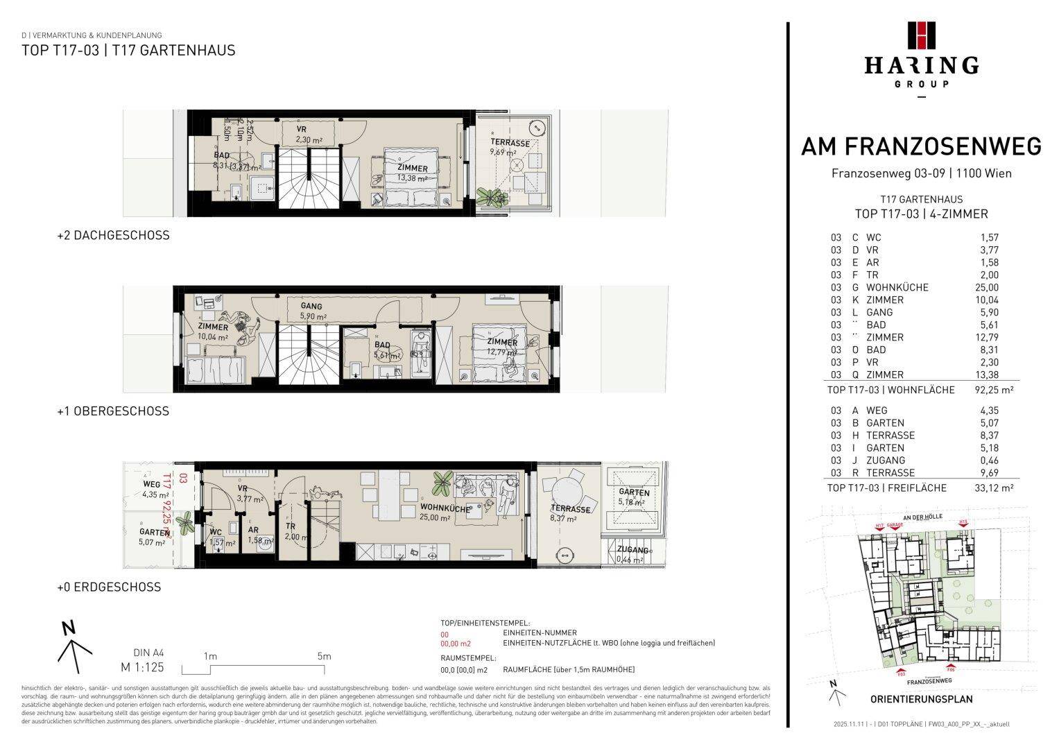 Detaillierter Grundriss einer 4-Zimmer-Wohnung über drei Etagen mit Garten und Terrasse.