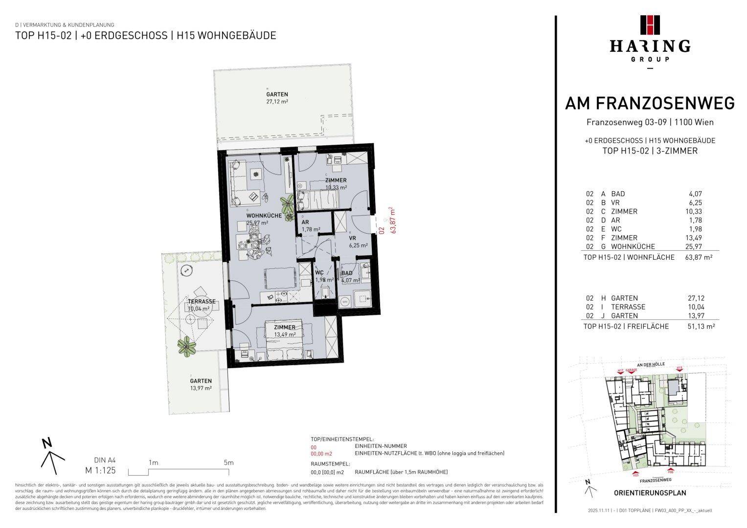 Detaillierter Grundriss einer 3-Zimmer-Wohnung mit Terrasse und zwei Gärten.