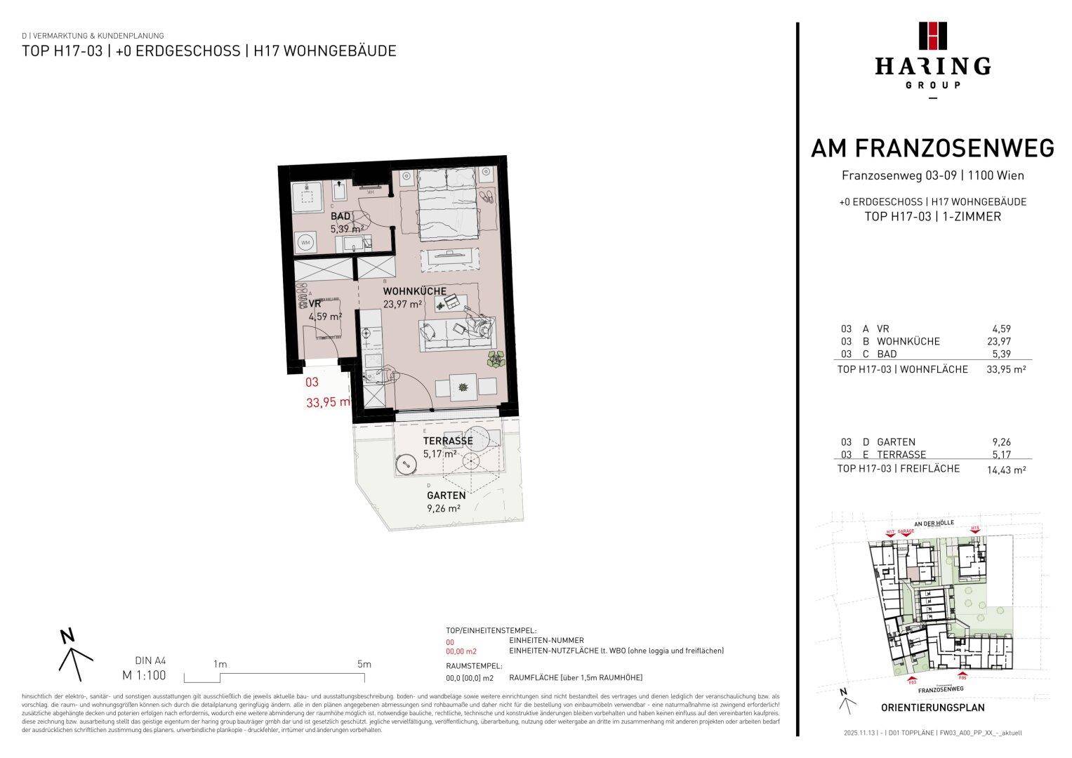 Grundriss einer 1-Zimmer-Wohnung mit Wohnküche, Bad, Terrasse und Gartenanteil.