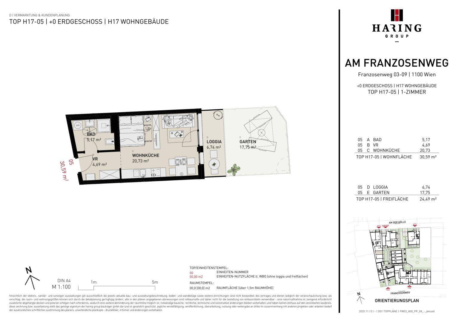 Detaillierter Grundriss einer Wohnung mit Wohnküche, Bad, Loggia und Gartenanteil.
