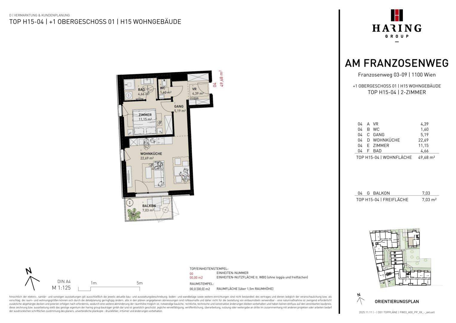 Grundriss einer 2-Zimmer-Wohnung mit Balkon und offener Wohnküche, Gesamtfläche 49,68 m².