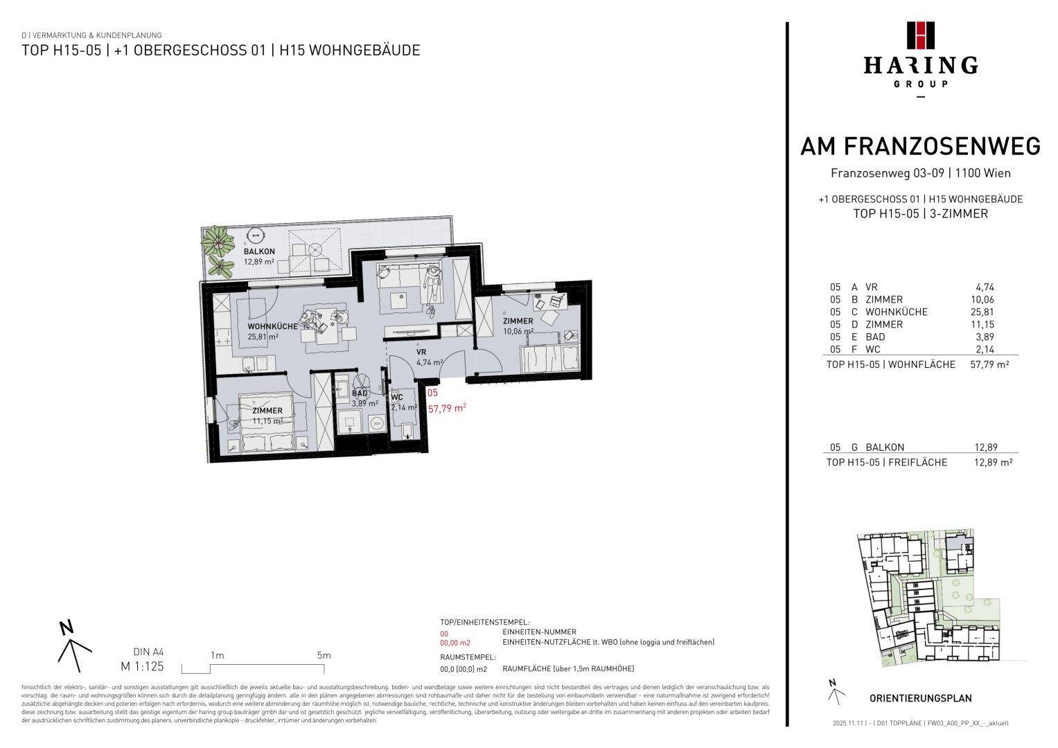 Grundriss einer 3-Zimmer-Wohnung mit Balkon und offener Wohnküche im ersten Obergeschoss.