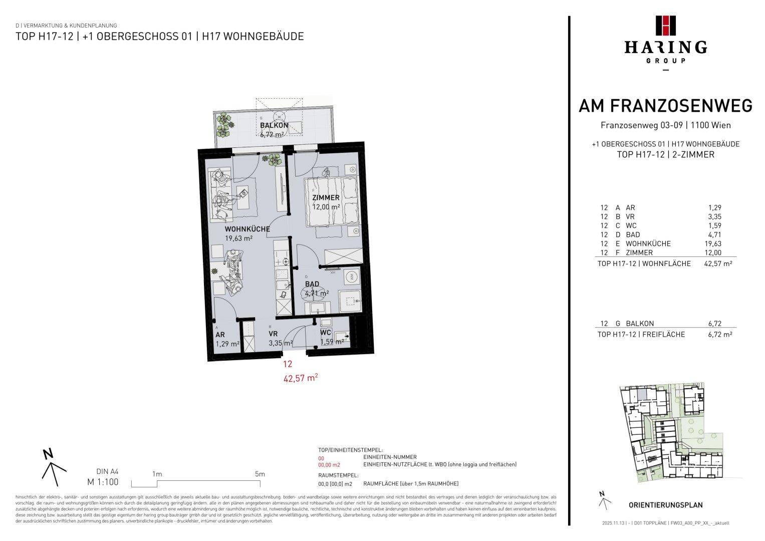 Detaillierter Grundriss einer 2-Zimmer-Wohnung mit offener Wohnküche und Balkon.