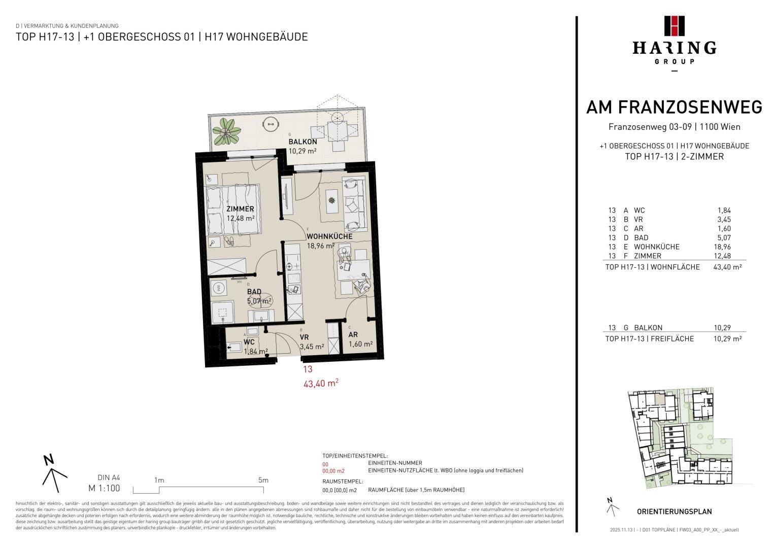 Detaillierter Grundriss einer 2-Zimmer-Wohnung mit Balkon und separatem WC.
