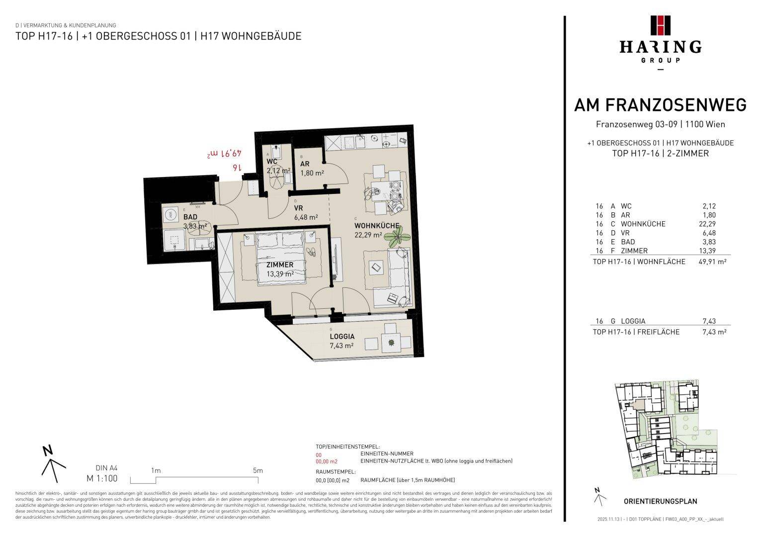 Grundriss einer 2-Zimmer-Wohnung mit offener Wohnküche, Bad, separatem WC und Loggia.