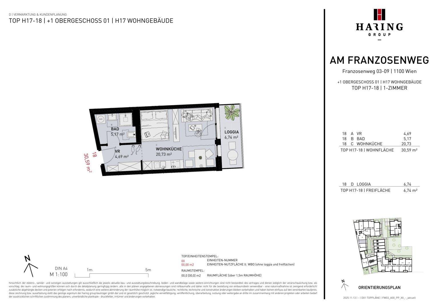 Grundriss einer 1-Zimmer-Wohnung mit Loggia, Bad und offener Wohnküche.