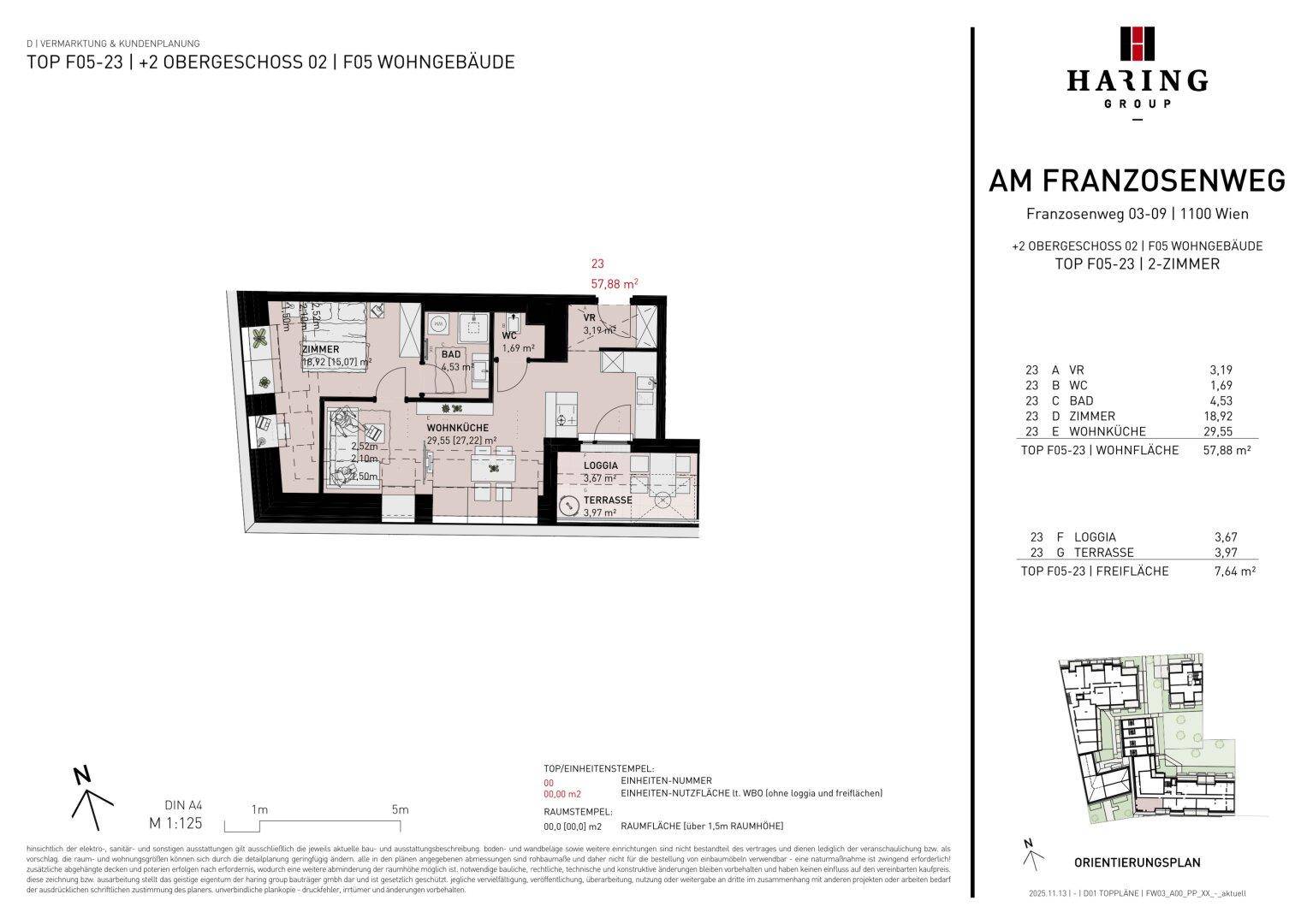 Detaillierter Grundriss einer 2-Zimmer-Wohnung mit Loggia und Terrasse im Obergeschoss.