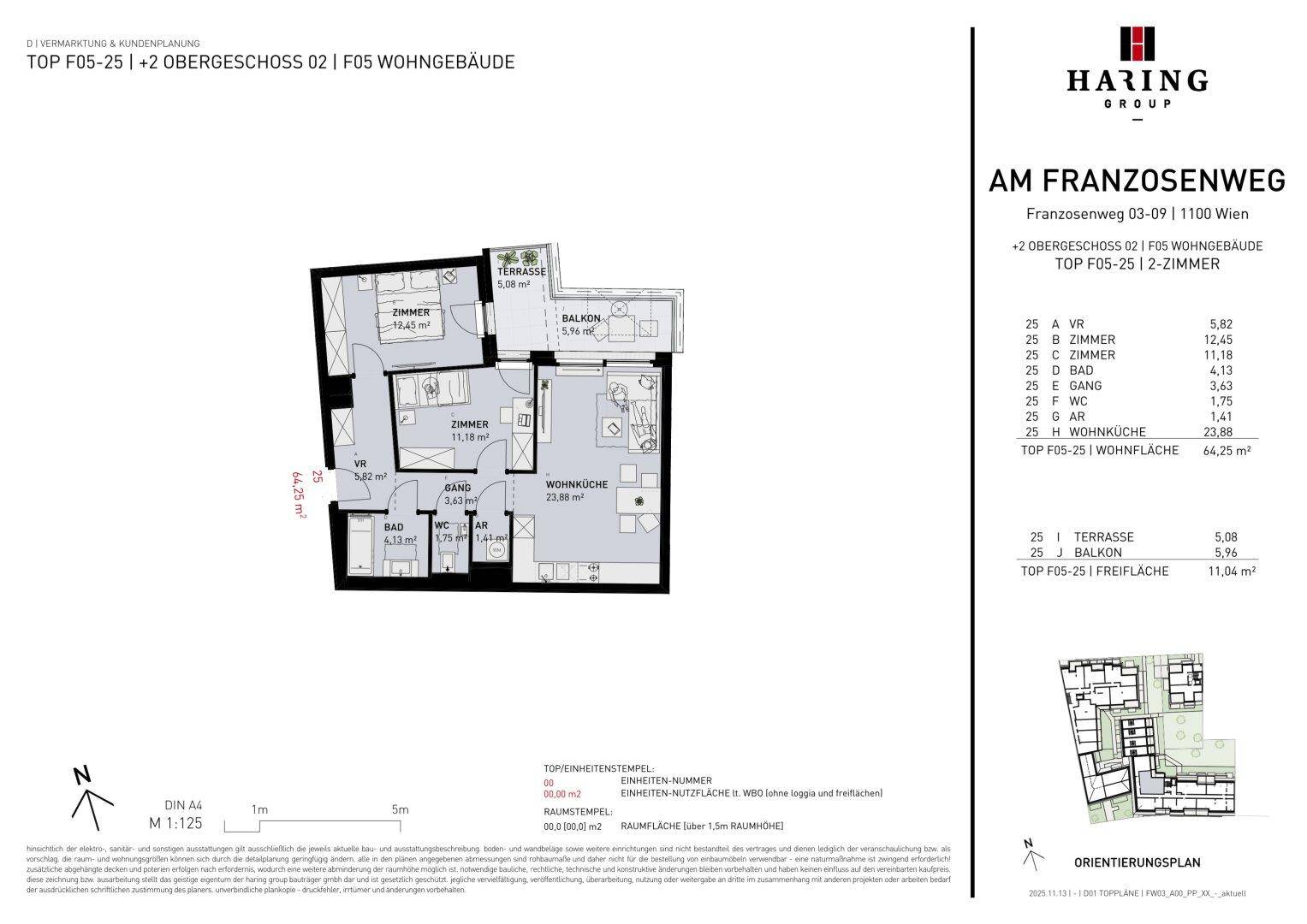 Grundriss einer 2-Zimmer-Wohnung mit Wohnküche, Bad, WC, Balkon und Terrasse.