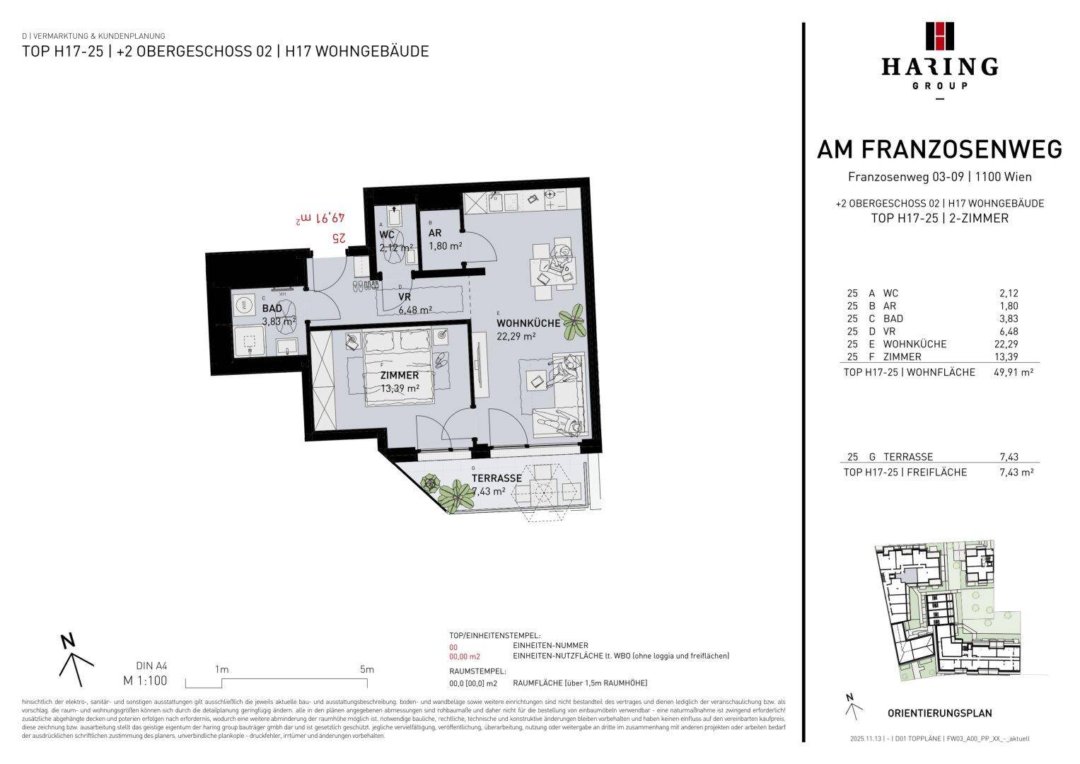 Detaillierter Grundriss einer 2-Zimmer-Wohnung mit offener Wohnküche, Schlafzimmer und großer Terrasse.