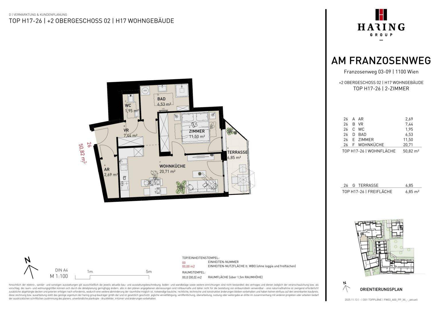 Detaillierter Grundriss einer 2-Zimmer-Wohnung mit Wohnküche, Bad, WC und Terrasse von 50,82 m².