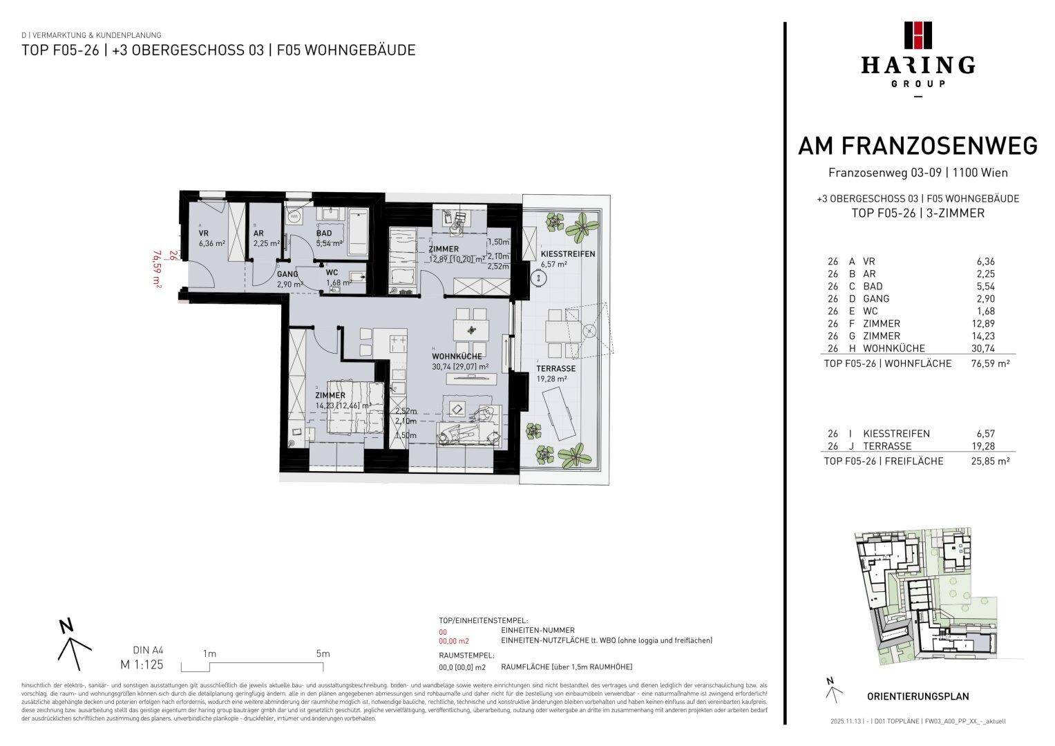 Detaillierter Grundriss einer 3-Zimmer-Wohnung mit Wohnküche und großer Terrasse.