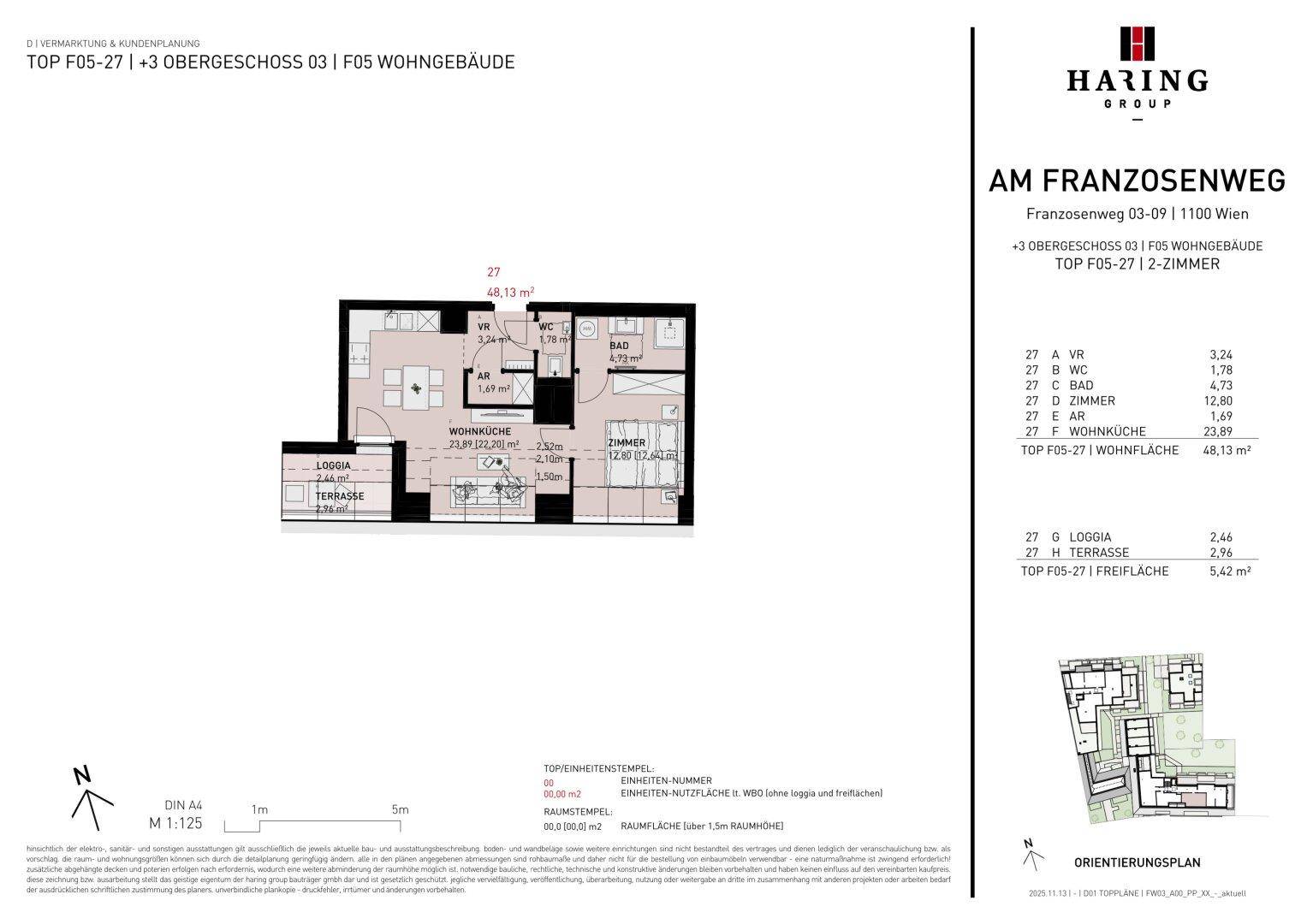 Detaillierter Grundriss einer 2-Zimmer-Wohnung mit Loggia und Terrasse.