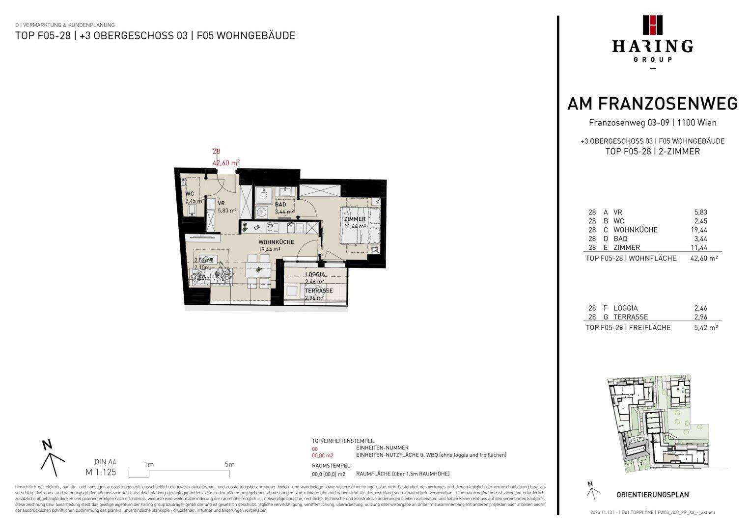 Grundriss einer 2-Zimmer-Wohnung mit Loggia und Terrasse im Obergeschoss eines Wohngebäudes.