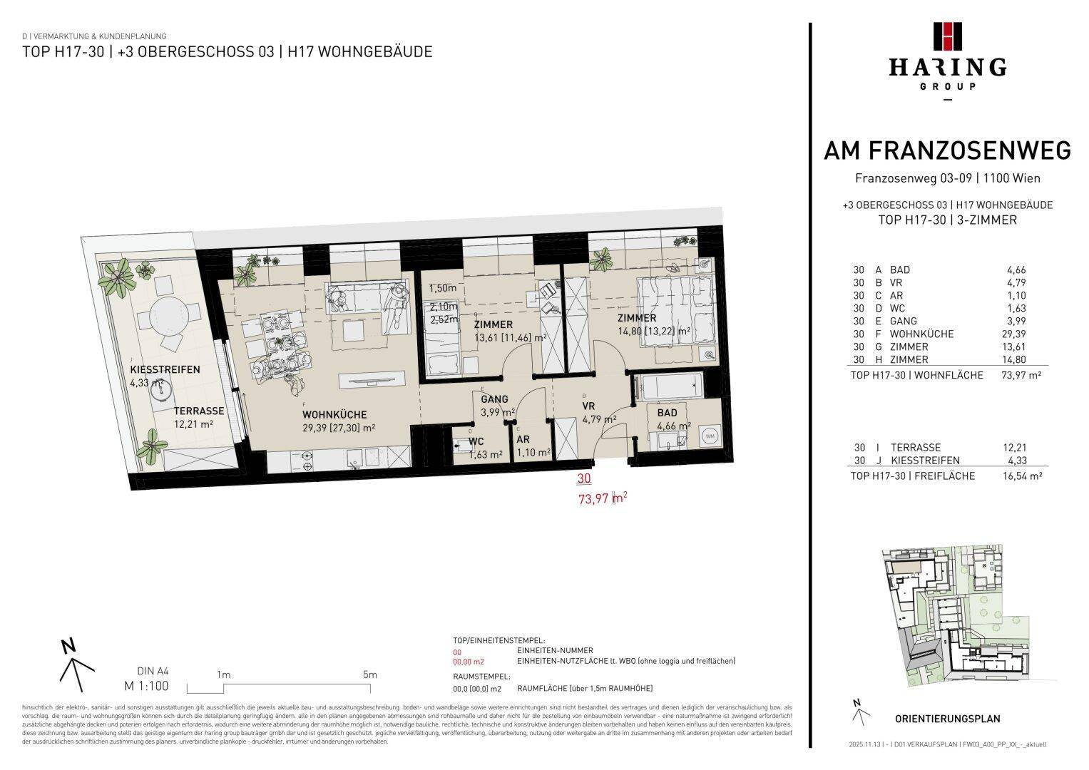 Detaillierter Grundriss einer 3-Zimmer-Wohnung mit großer Terrasse und offener Wohnküche.