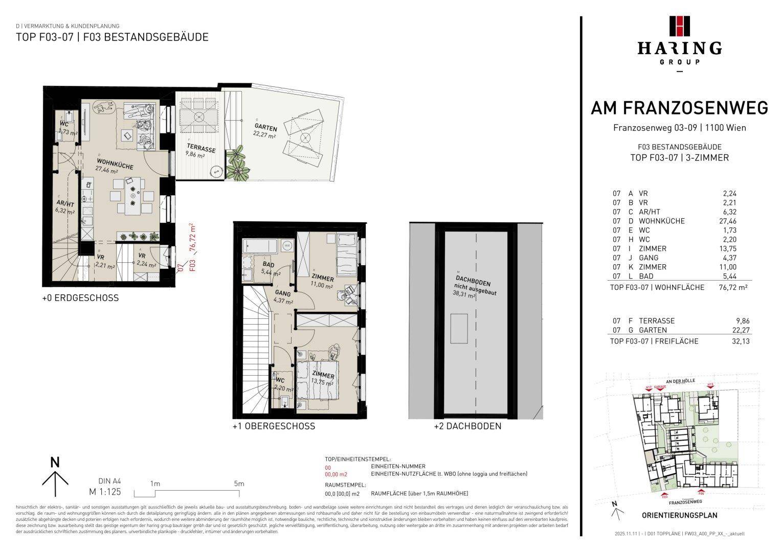 Detaillierter Grundriss einer 3-Zimmer-Wohnung über zwei Etagen mit Terrasse und Garten.