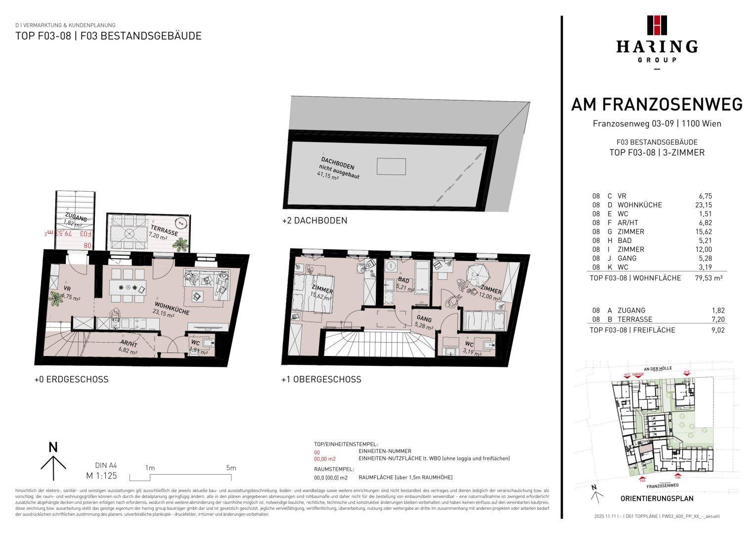 Detaillierter Grundriss des Erdgeschosses und Obergeschosses mit Dachboden und Freiflächen.