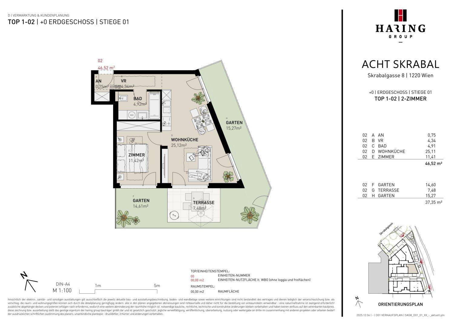 Grundriss einer 2-Zimmer-Wohnung mit Garten, Terrasse und offenem Wohnbereich.
