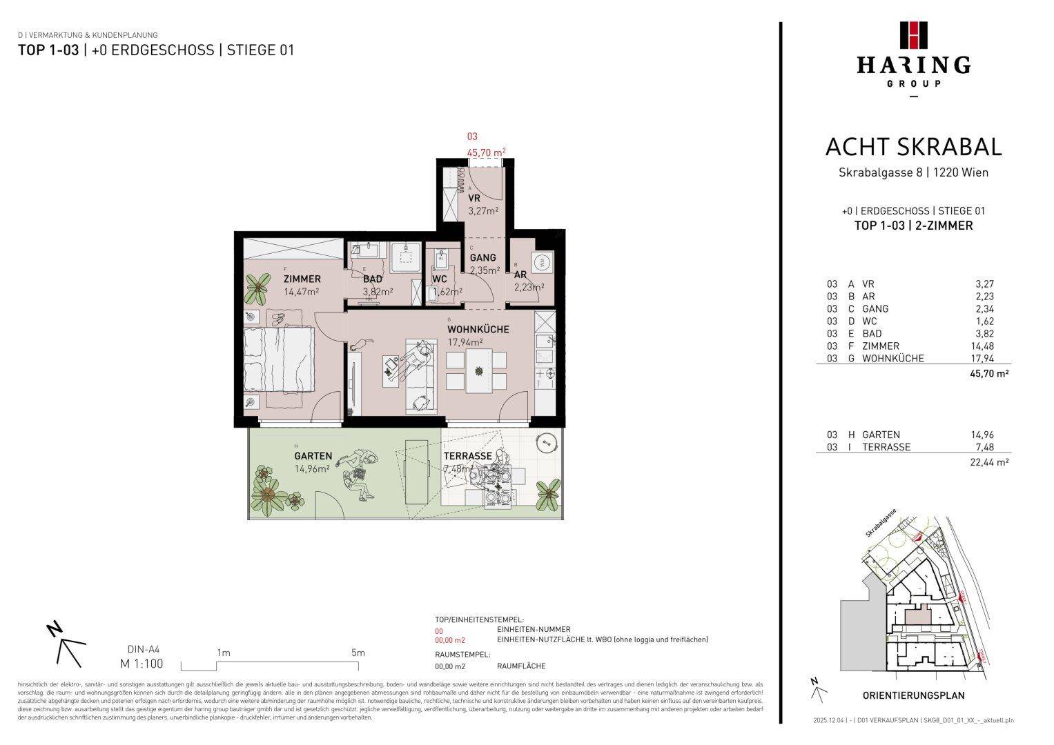 Grundriss einer 2-Zimmer-Wohnung mit Wohnküche, Garten und Terrasse im Erdgeschoss.