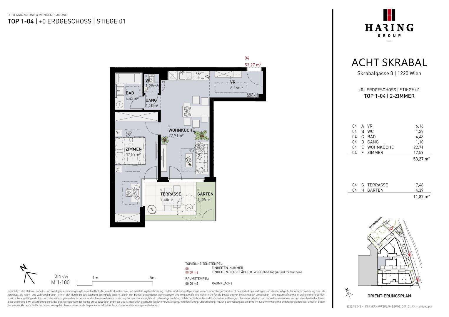 Grundriss einer 2-Zimmer-Wohnung mit Wohnküche, Terrasse und eigenem Gartenbereich.