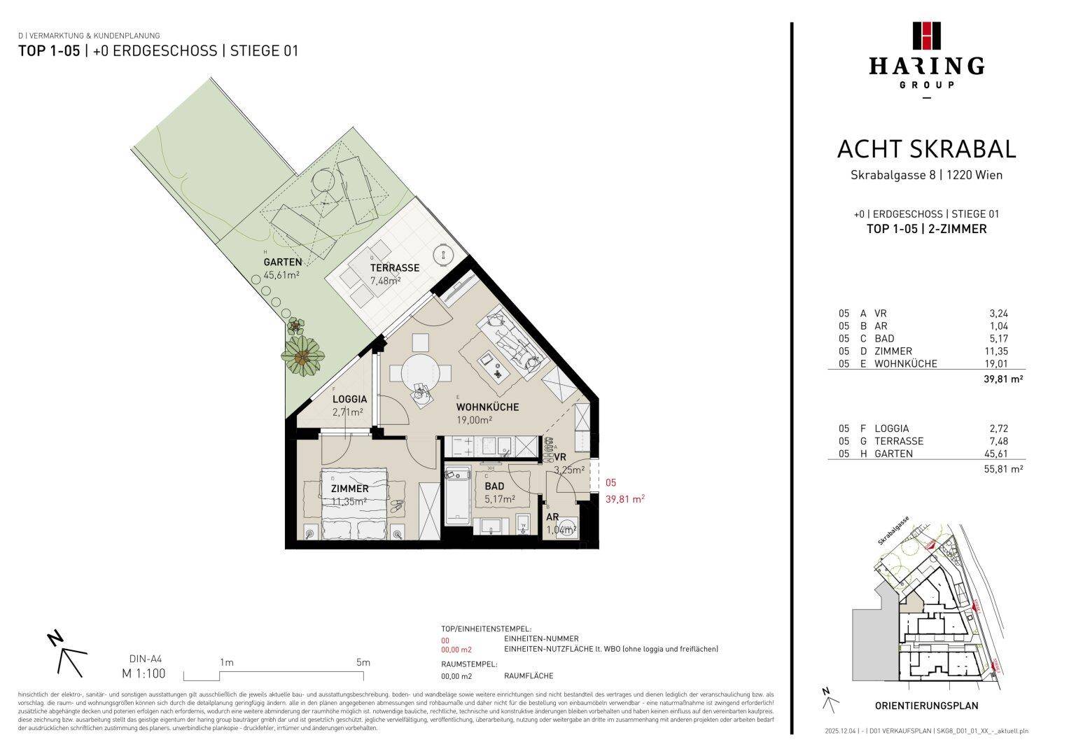 Grundriss einer 2-Zimmer-Wohnung mit Loggia, Terrasse und eigenem Gartenbereich.