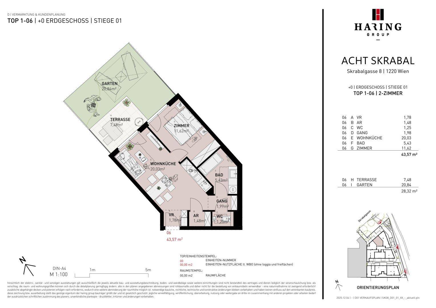 Detaillierter Grundriss einer Erdgeschosswohnung mit Wohnküche, Schlafzimmer, Bad und privatem Garten.