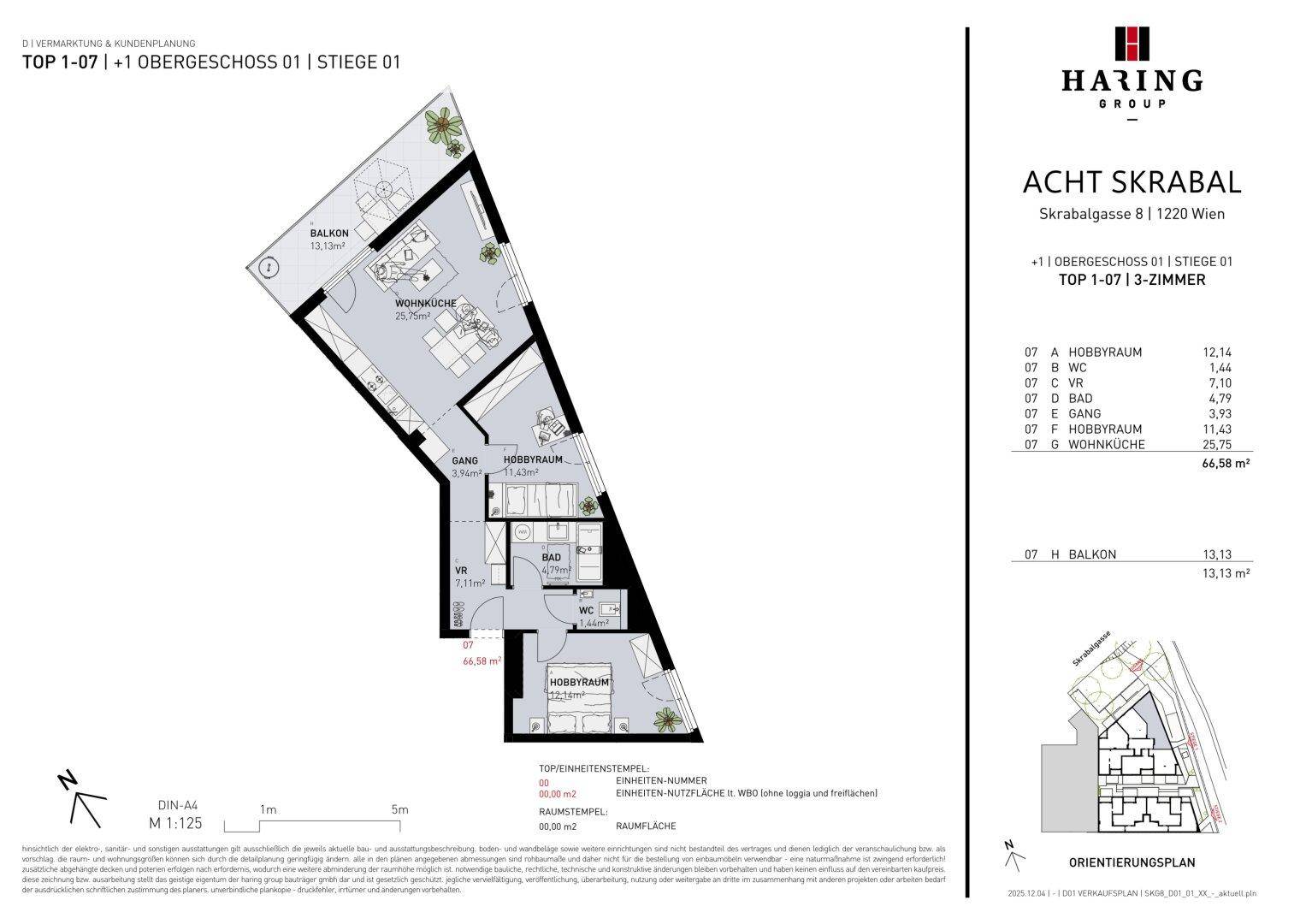 Detaillierter Grundriss einer Wohnung mit offenem Wohn- und Essbereich sowie Balkon.