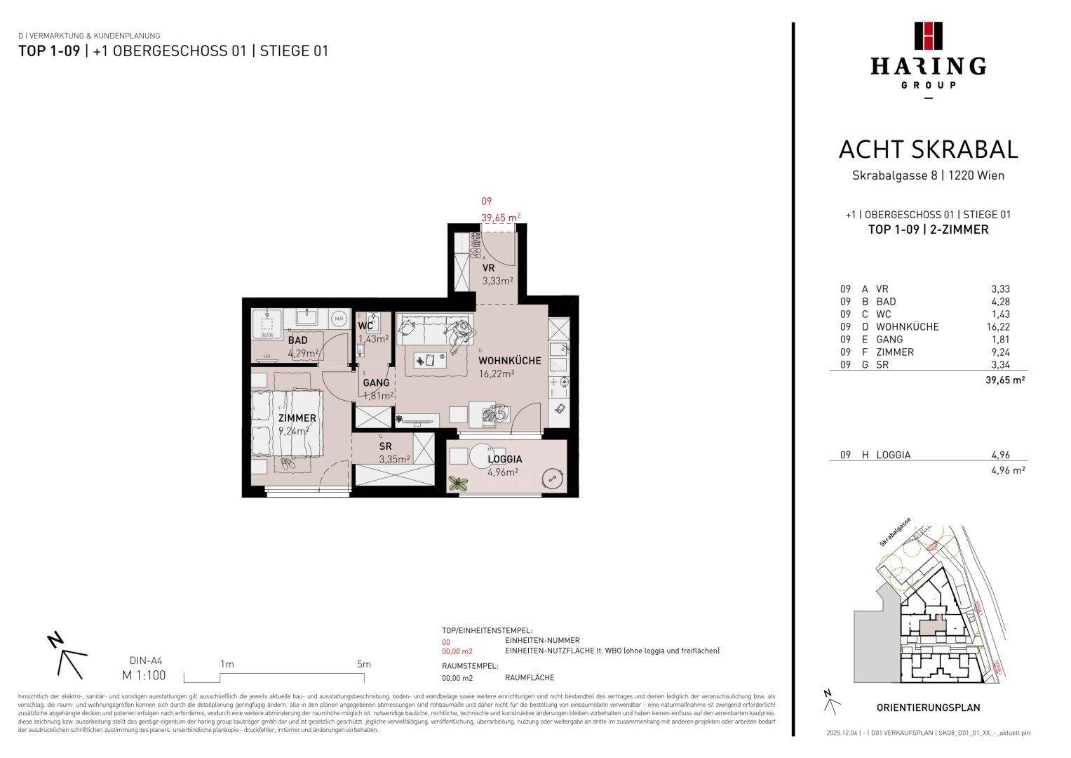 Grundriss einer 2-Zimmer-Wohnung im Obergeschoss mit separatem WC und Loggia.